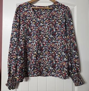 Floral V-Neck Long Sleeve Blouse - Navy Multi